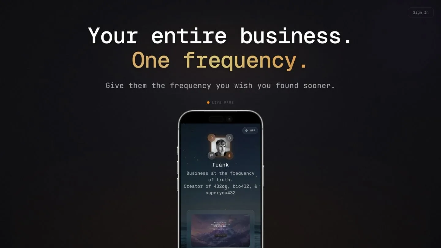 bio432: Your entire business. One frequency. A phone showing a live audio bio page