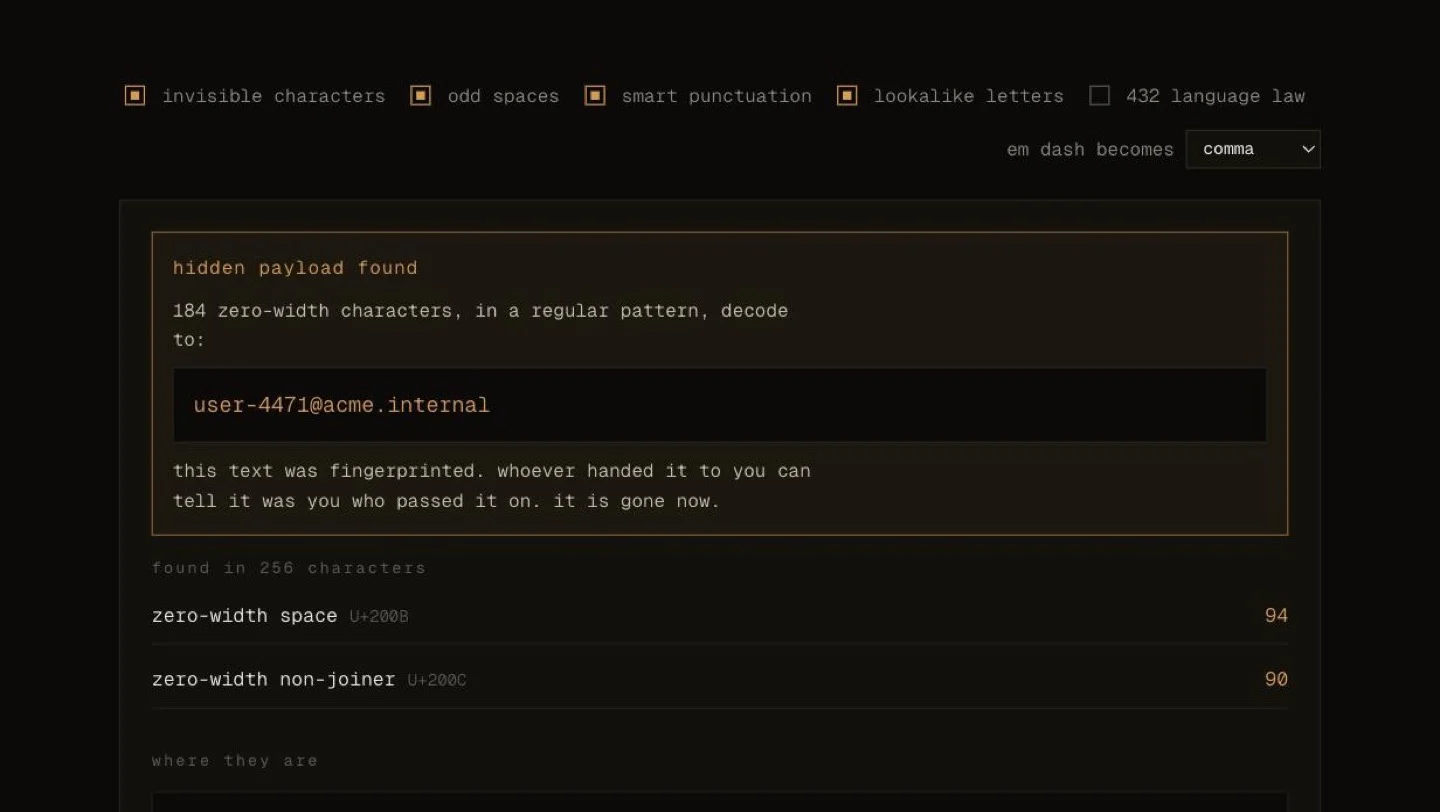 noise: a pasted document revealing 184 zero-width characters that decode to a hidden email address