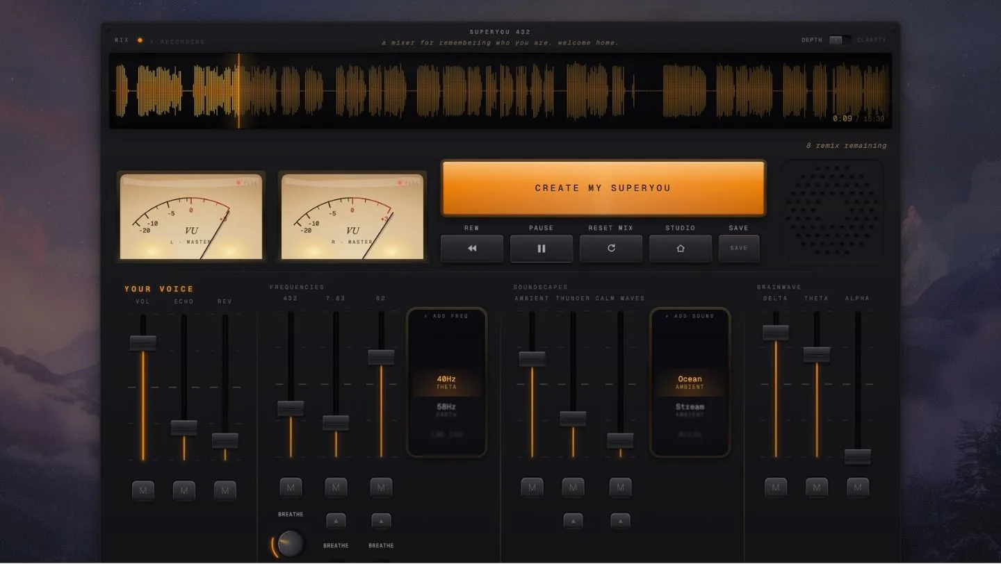 The SuperYou 432 mixer: voice waveform, twin VU meters, frequency and soundscape faders
